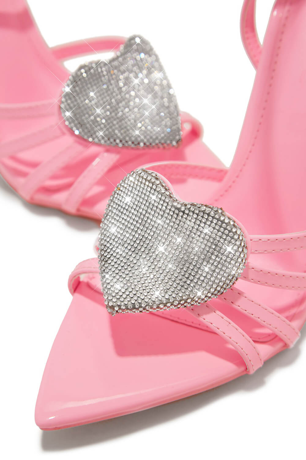 Faux Leather Diamante Heart Pointed Toe Stiletto Heel - Pink