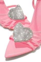 Faux Leather Diamante Heart Pointed Toe Stiletto Heel - Pink