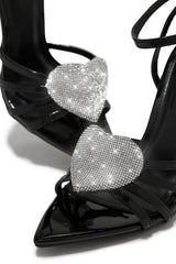 Faux Leather Diamante Heart Pointed Toe Stiletto Heel - Black