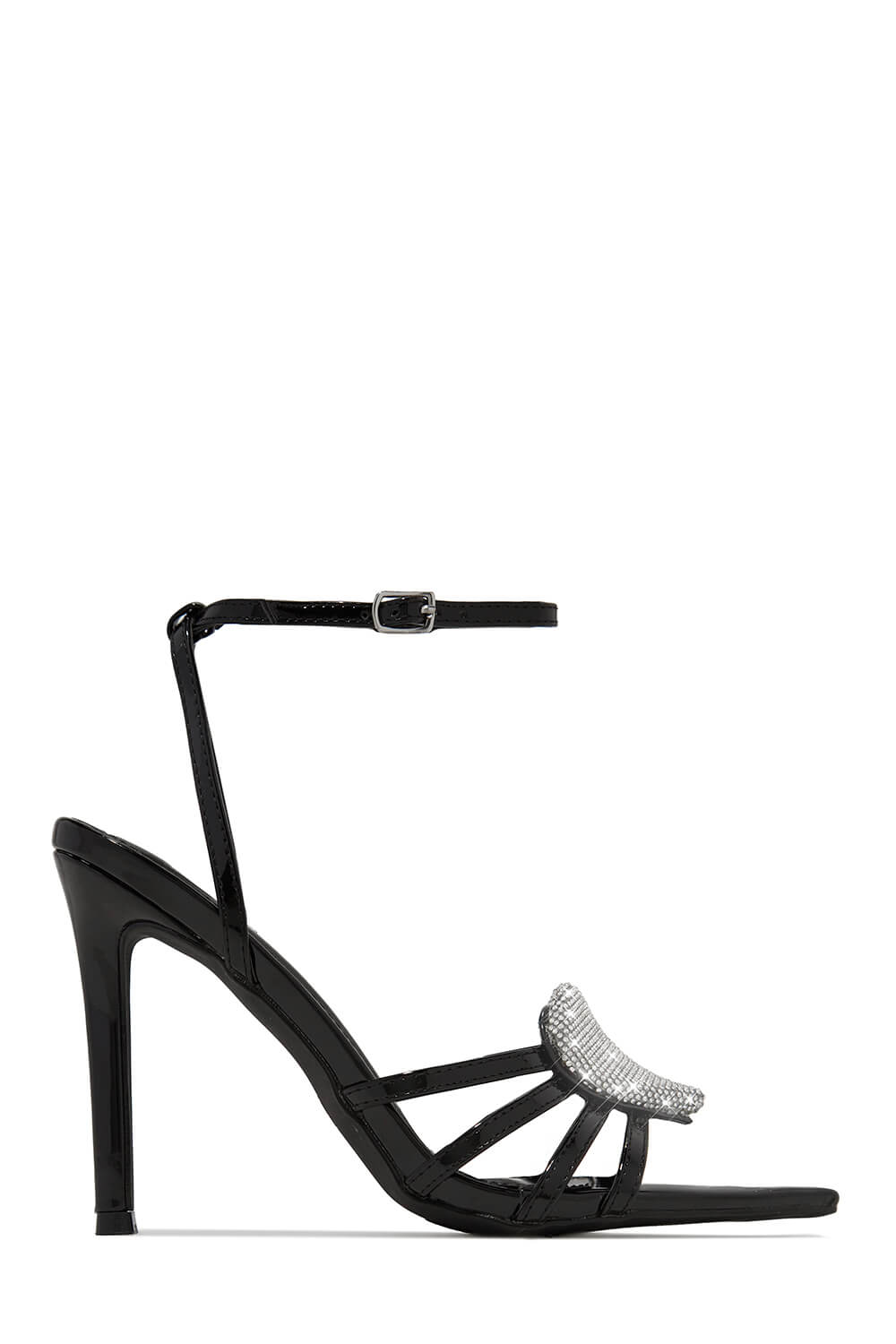 Faux Leather Diamante Heart Pointed Toe Stiletto Heel - Black