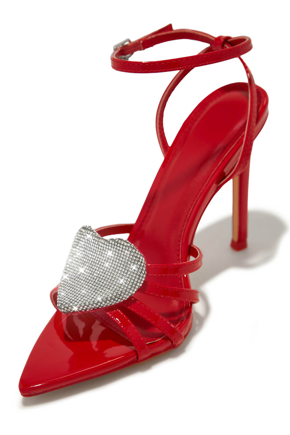 Faux Leather Diamante Heart Pointed Toe Stiletto Heel - Red