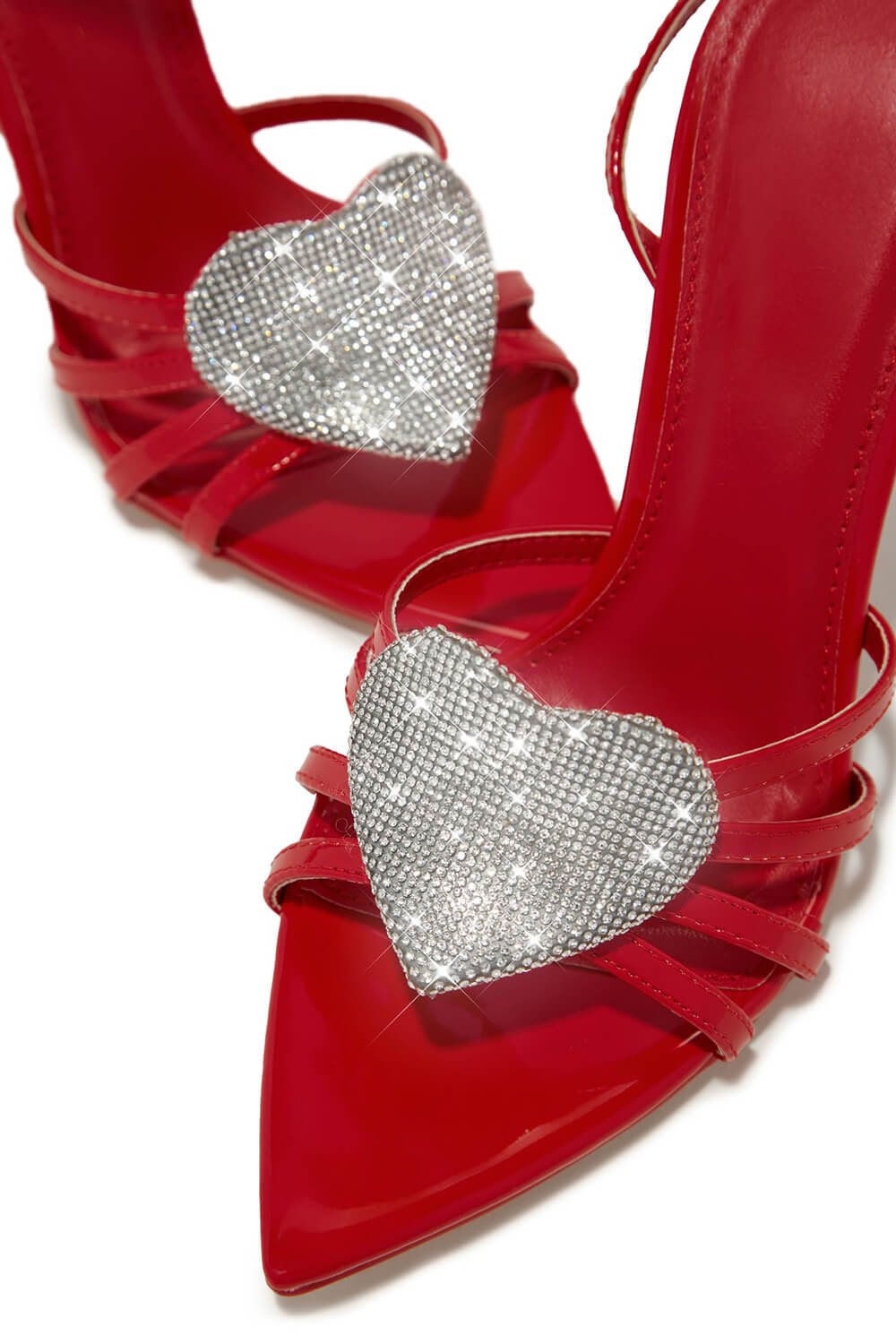 Faux Leather Diamante Heart Pointed Toe Stiletto Heel - Red