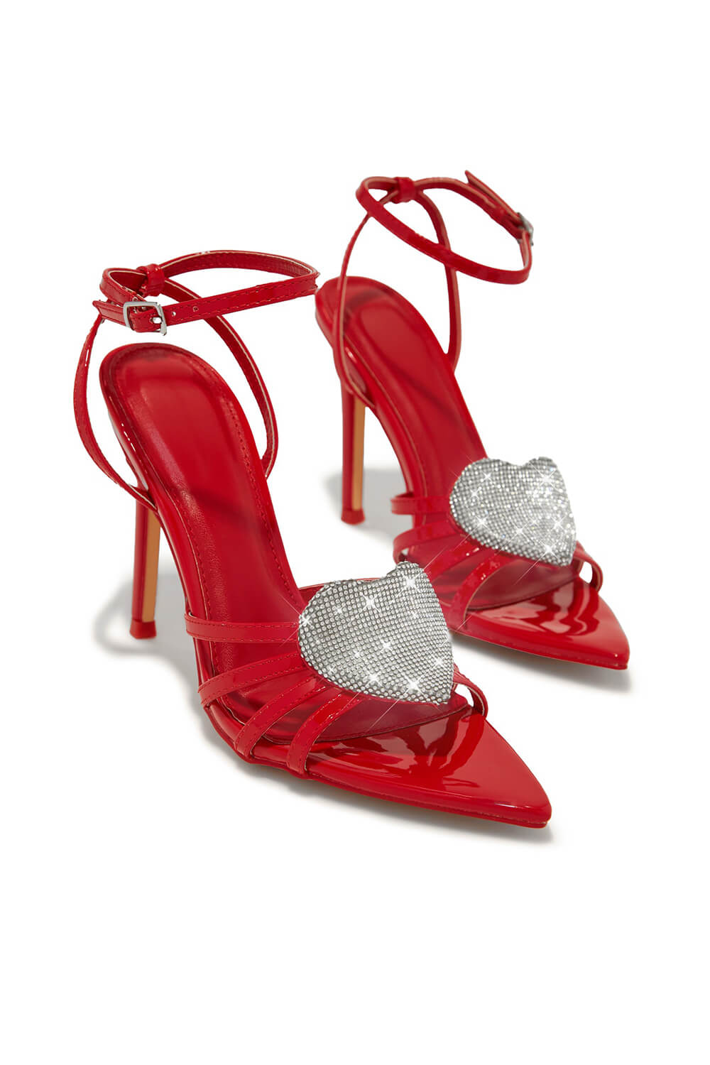 Faux Leather Diamante Heart Pointed Toe Stiletto Heel - Red