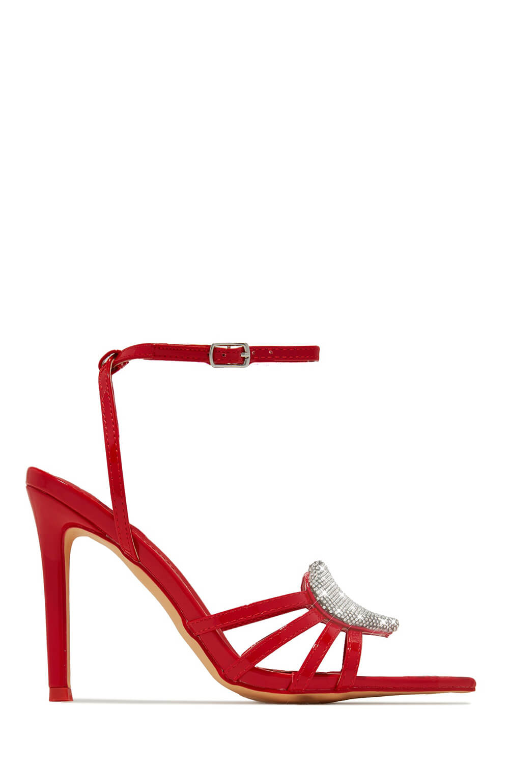 Faux Leather Diamante Heart Pointed Toe Stiletto Heel - Red