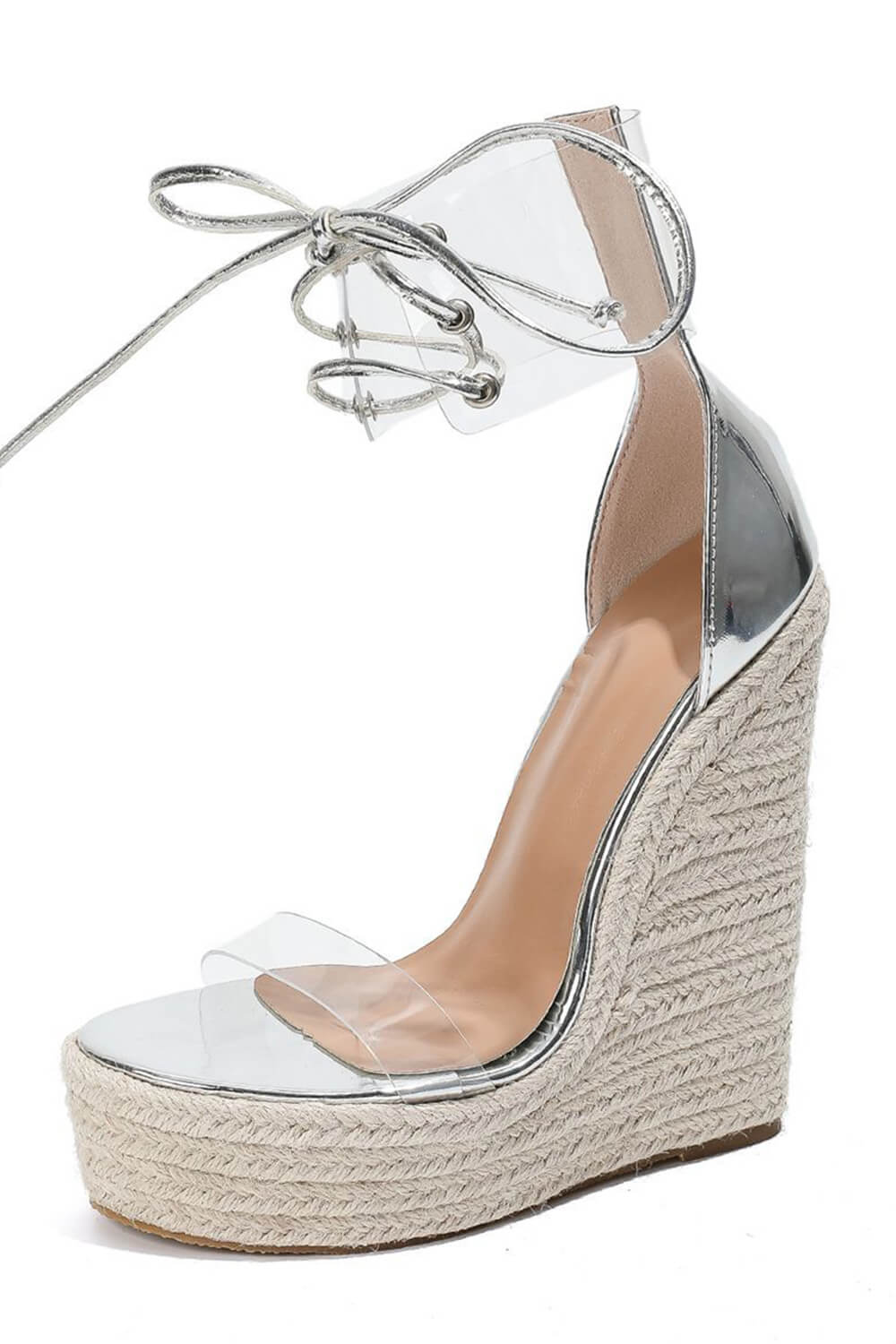 Silver Patent Clear Platform Espadrille Wedges