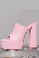 Satin Double Chunky Platform High Heeled Mules - Pink