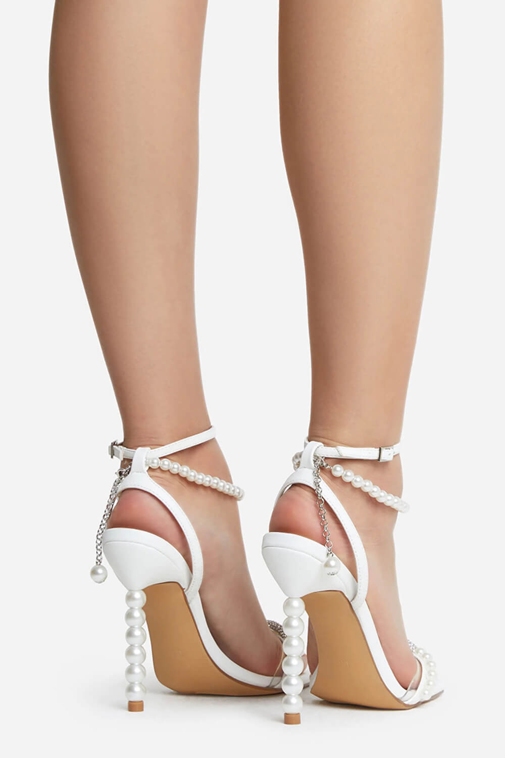 White Faux Leather Pearl Crystal Bow Square Toe Strappy Stiletto Heels