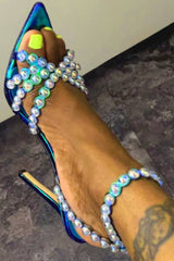 Crisscross Pearl Embellished Metallic Leather Pointed Toe Sandals - Green