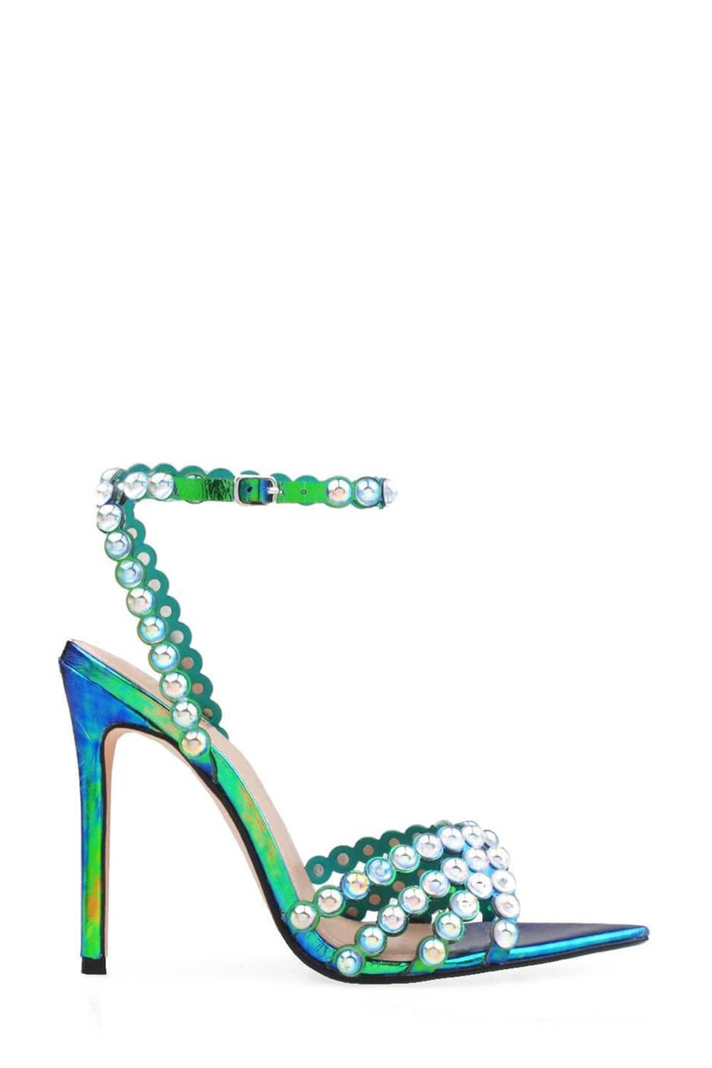 Crisscross Pearl Embellished Metallic Leather Pointed Toe Sandals - Green