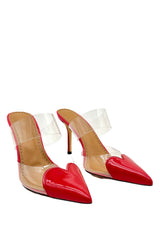 Clear Pu Patent-Leather Heart Pointed Toe Heel Mules - Red