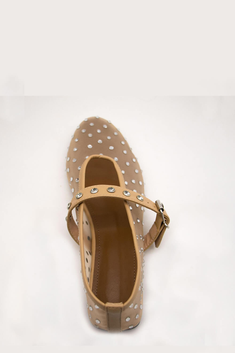 Rhinestone-Embellished Mesh Mary Jane Ballet Flats - Nude