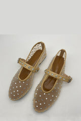 Rhinestone-Embellished Mesh Mary Jane Ballet Flats - Nude