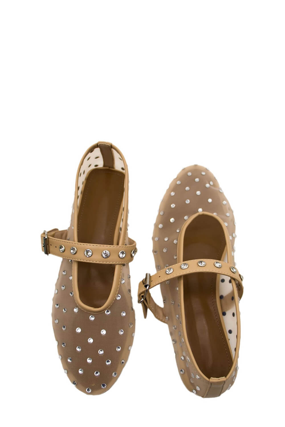 Rhinestone-Embellished Mesh Mary Jane Ballet Flats - Nude