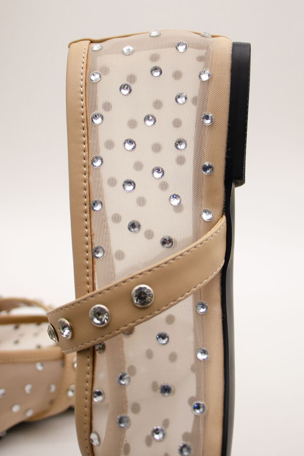 Rhinestone-Embellished Mesh Mary Jane Ballet Flats - Nude