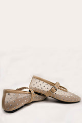 Rhinestone-Embellished Mesh Mary Jane Ballet Flats - Nude