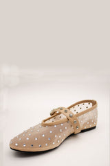 Rhinestone-Embellished Mesh Mary Jane Ballet Flats - Nude