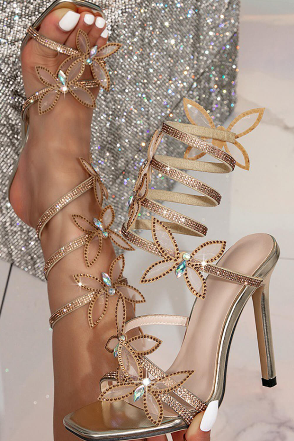Crystal-Embellished Butterfly Snake Ankle Wrap Stiletto Sandals - Gold