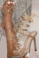 Crystal-Embellished Butterfly Snake Ankle Wrap Stiletto Sandals - Gold