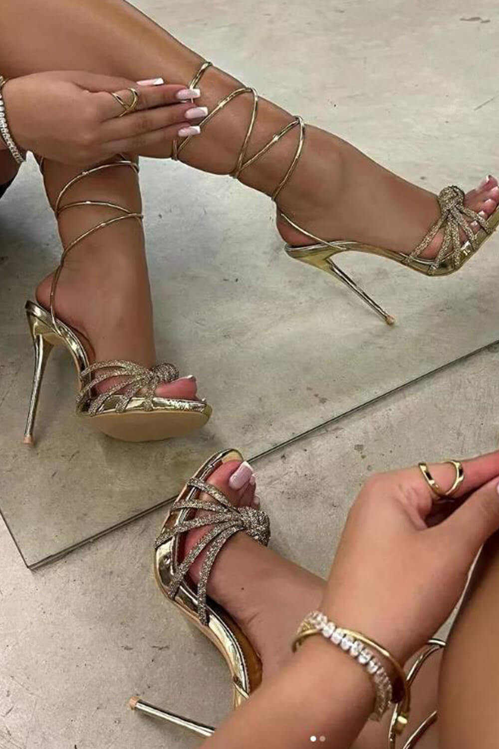 Faux Leather Diamante Knot Pointed Toe Lace Up Heels - Gold