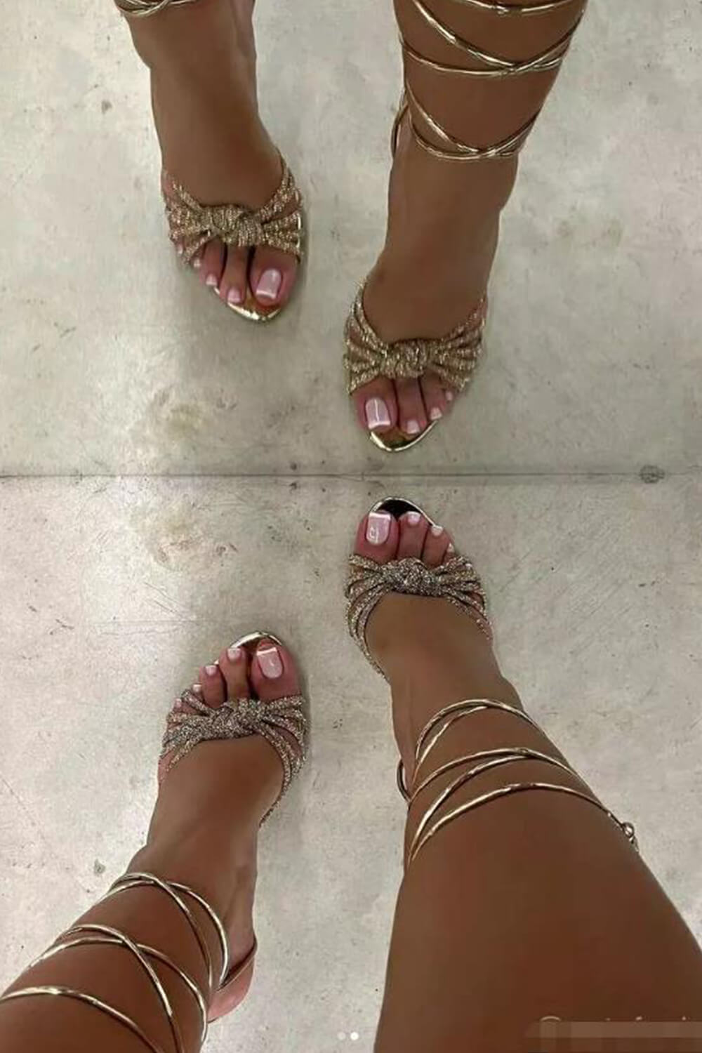 Faux Leather Diamante Knot Pointed Toe Lace Up Heels - Gold