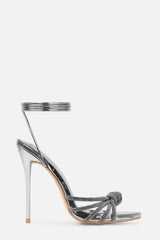 Faux Leather Diamante Knot Pointed Toe Lace Up Heels - Silver