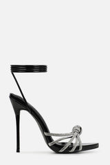 Faux Leather Diamante Knot Pointed Toe Lace Up Heels - Black