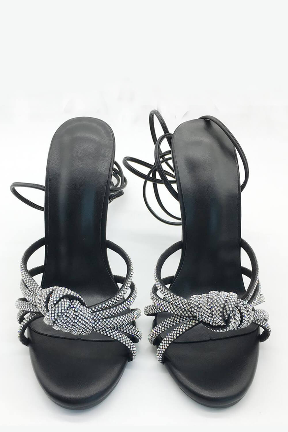 Faux Leather Diamante Knot Pointed Toe Lace Up Heels - Black
