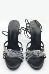 Faux Leather Diamante Knot Pointed Toe Lace Up Heels - Black