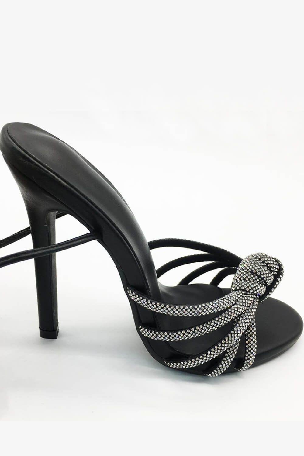 Faux Leather Diamante Knot Pointed Toe Lace Up Heels - Black
