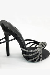 Faux Leather Diamante Knot Pointed Toe Lace Up Heels - Black