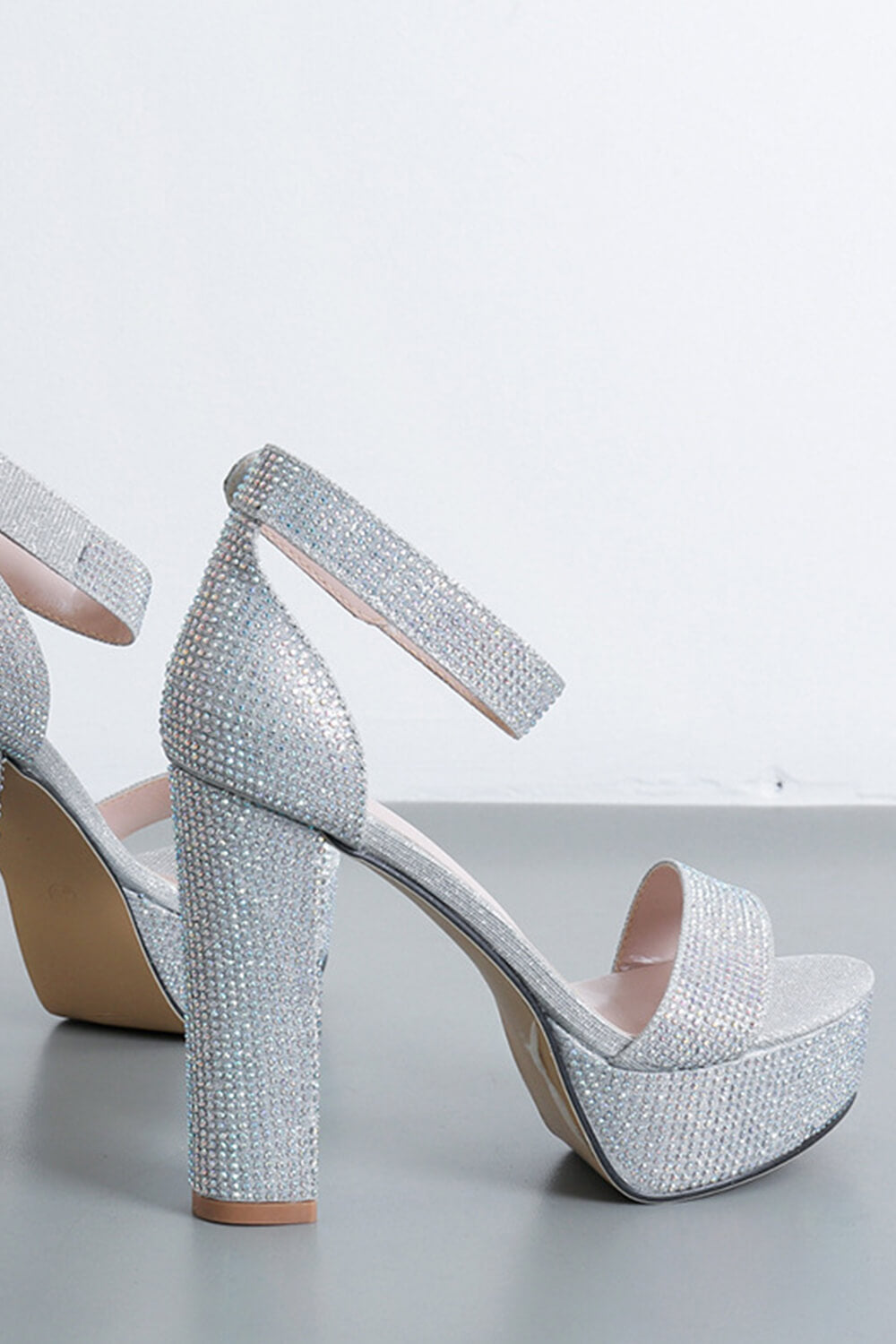 Silver Diamante Platform Ankle Strap Heels
