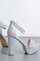 Silver Diamante Platform Ankle Strap Heels