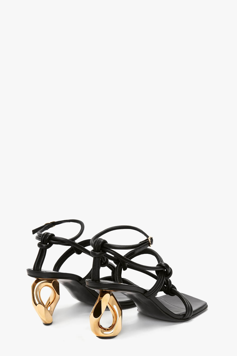 Knotted Chain-Heel Strappy Square Toe Sandals - Black