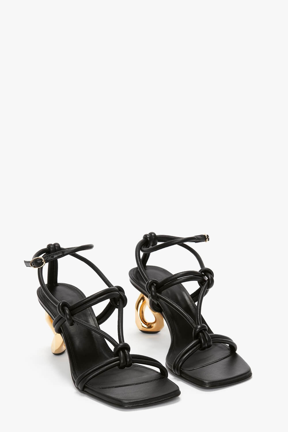 Knotted Chain-Heel Strappy Square Toe Sandals - Black
