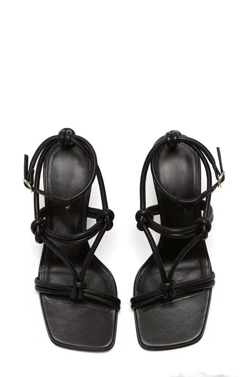 Knotted Chain-Heel Strappy Square Toe Sandals - Black