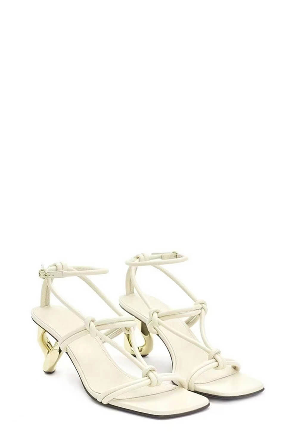 Knotted Chain-Heel Strappy Square Toe Sandals - White