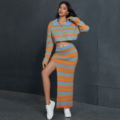 Flashy Rainbow Stripe Cropped Cardigan and High Rise Maxi Knit Skirt Matching Set