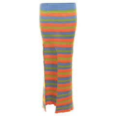 Flashy Rainbow Stripe High Waist Side Split Bodycon Maxi Knit Skirt