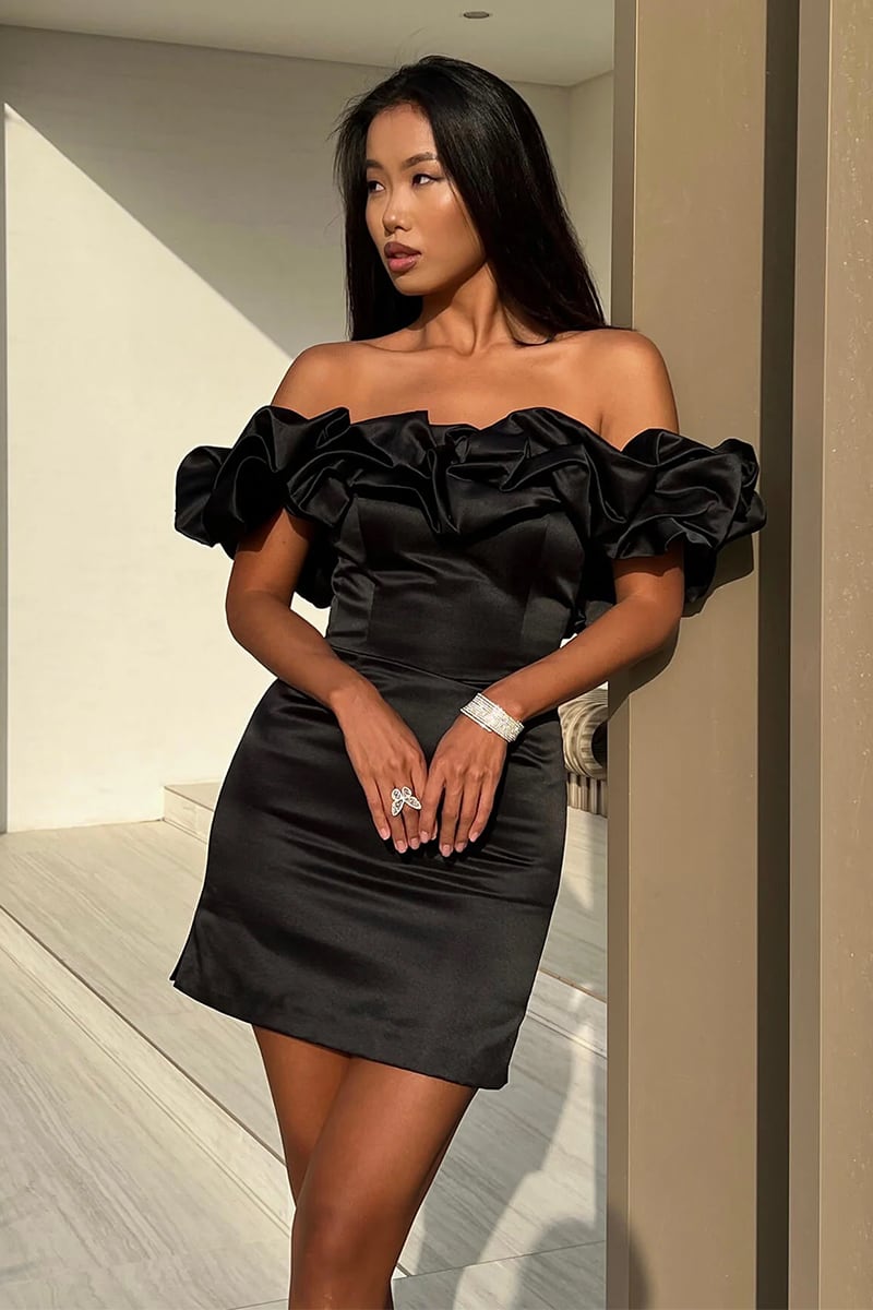 Fleurette Satin Ruffle Strapless Mini Dress