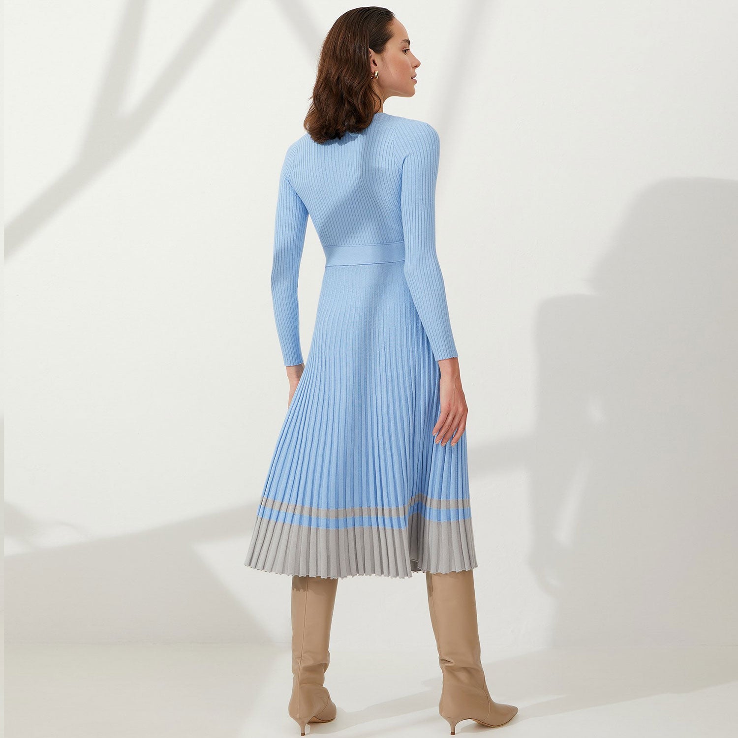 Flirty V Neck Fit and Flare Pleated Contrast Striped Rib Knit Midi Dress