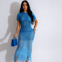 Flowy Fringe Ombre Scalloped Short Sleeve Sheer Crochet Knit Maxi Dress