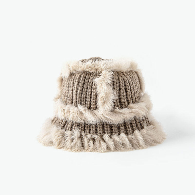 Fluffy Faux Fur Trim Handmade Crochet Cable Knit Bucket Hat