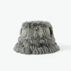 Fluffy Faux Fur Trim Handmade Crochet Cable Knit Bucket Hat