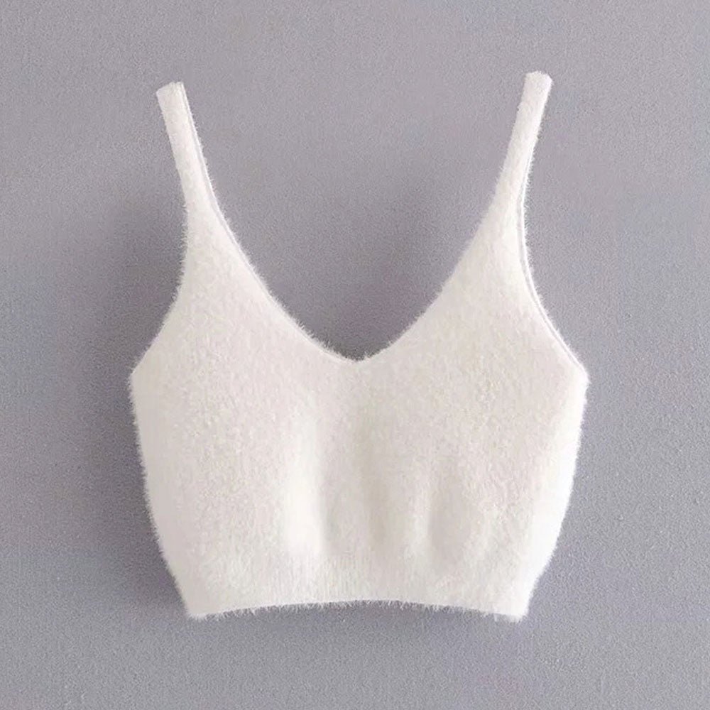 Fluffy White Mohair Solid Color Eyelash Knit Cropped Bra Top