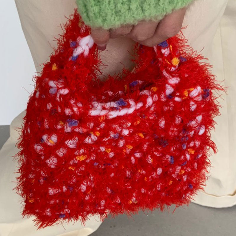 Fluffy Multicolor Chunky Yarn Hand Made Crochet Knit Tote Bag