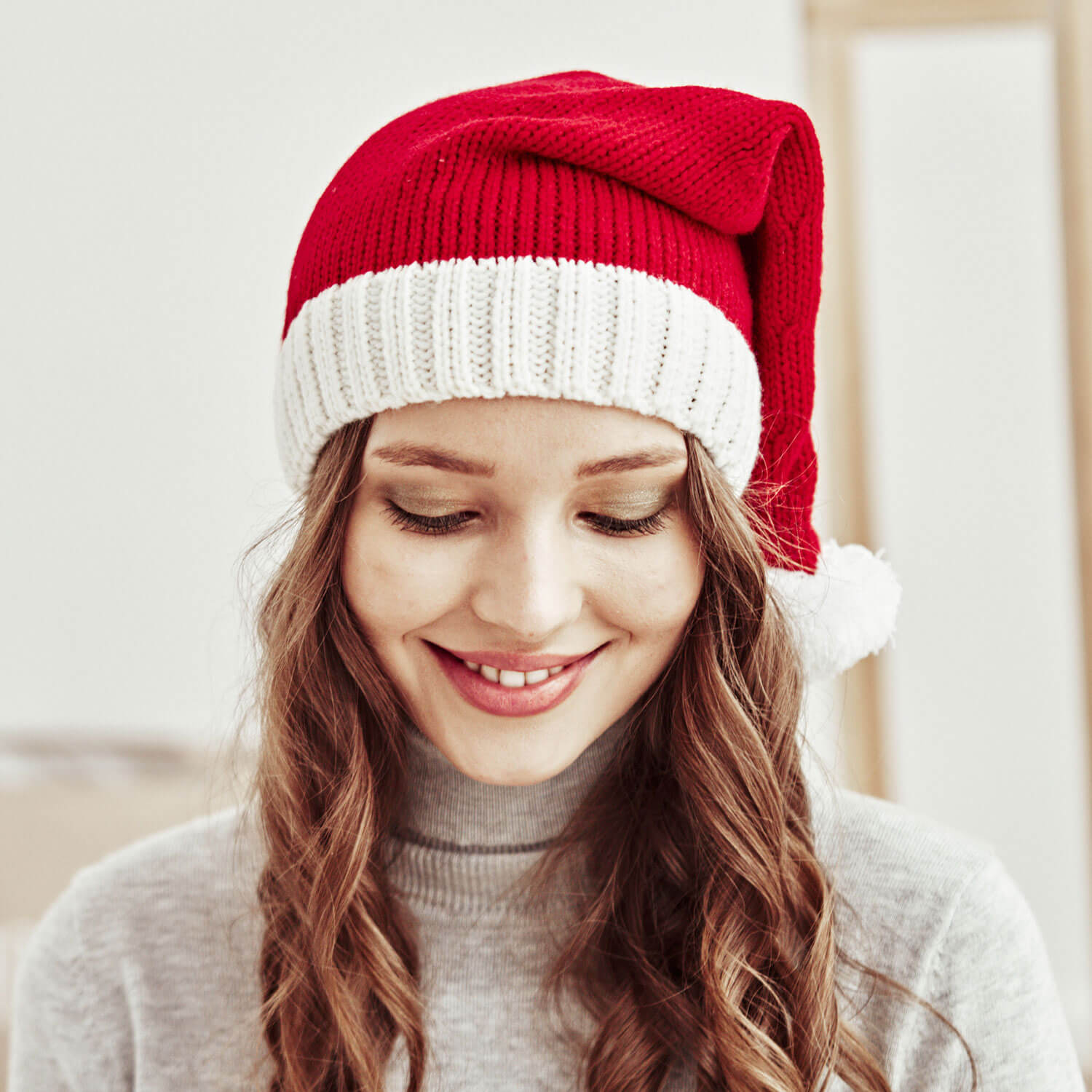 Fluffy Pom Pom Chunky Knit Slouchy Red Christmas Santa Hat