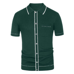 Formal Contrast Trim Collared Button Up Men Summer Ribbed Knit Shirt