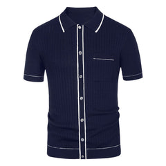 Formal Contrast Trim Collared Button Up Men Summer Ribbed Knit Shirt