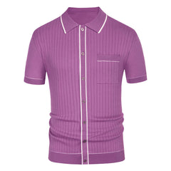 Formal Contrast Trim Collared Button Up Men Summer Ribbed Knit Shirt