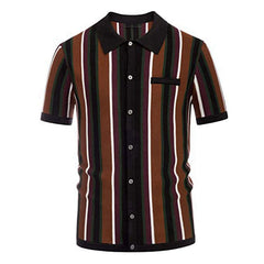 Formal Spread Collar Color Block Striped Button Front Men Summer Knit Shirt